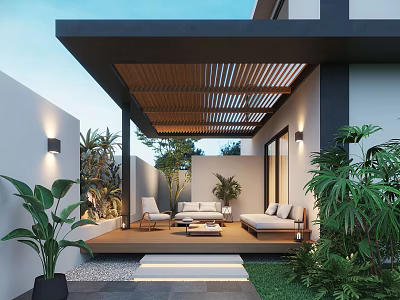 Modern Garden Landscape Design With Wooden Pergola Outdoor Furniture And Lush Green Plants 3d model