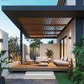 Modern Garden Landscape Design With Wooden Pergola Outdoor Furniture And Lush Green Plants