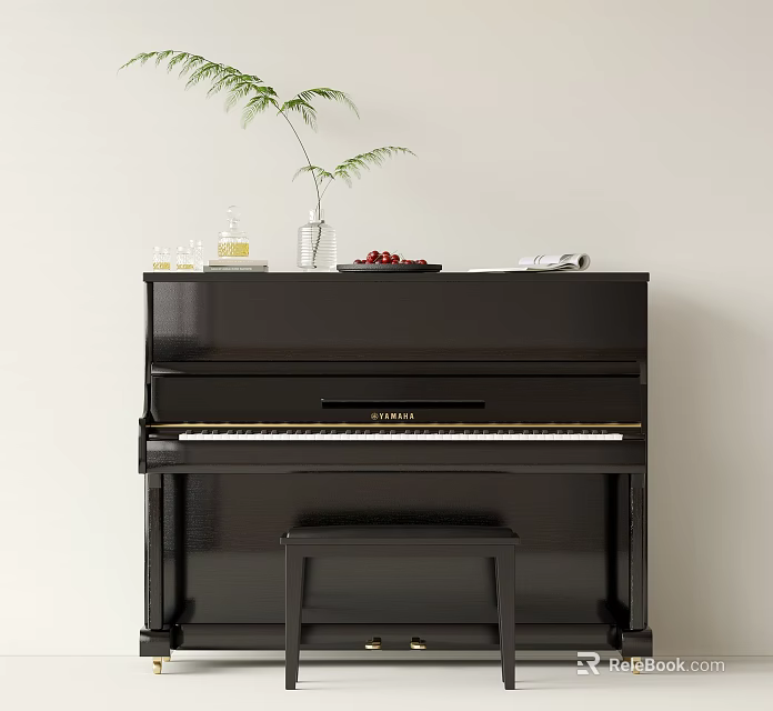 Black Piano With Art Supplies Vase Plant Fruit Bowl And Glassware On Top 3d model 