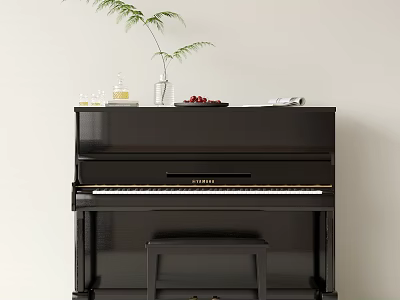 Black Piano With Art Supplies Vase Plant Fruit Bowl And Glassware On Top 3d model