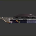 Detailed Building Model With Long Dark Roof Columns And Connected Platform Structure
