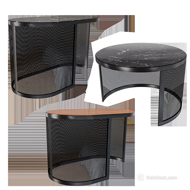 Sleek Modern Round Coffee Table With Marble Top And Black Mesh Metal Frame 3d model 