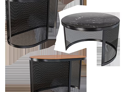Sleek Modern Round Coffee Table With Marble Top And Black Mesh Metal Frame 3d model
