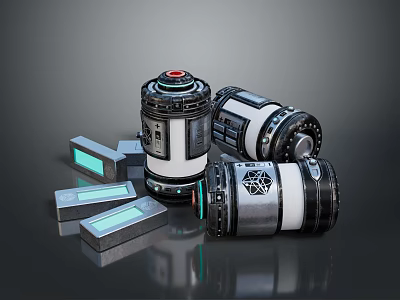 Futuristic Cylindrical Mechanical Devices With Glowing Rectangular Panels And Tech Components 3d model