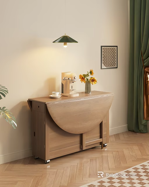 Light Wooden Foldable Dining Table With Coffee Machine Sunflowers In Vase And Table Lamp 3d model 