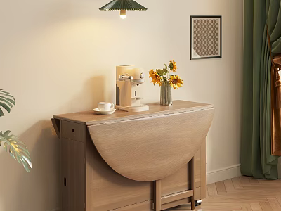 Light Wooden Foldable Dining Table With Coffee Machine Sunflowers In Vase And Table Lamp 3d model