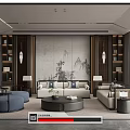 New Chinese Living Room Rattan Sofa Coffee Table Combination Background Wall Lamp Double Sofa Bookcase 3d model