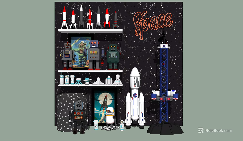 Space Themed Dolls and Robot Toys with Rockets on Shelves and Space Elements 3d model 