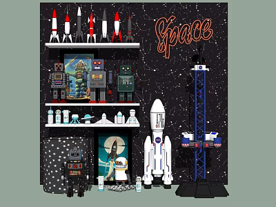 Space Themed Dolls and Robot Toys with Rockets on Shelves and Space Elements 3d model