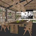 Cozy Wooden Interior Space With Bookshelves Long Table Hanging Lamps And Projection Screen