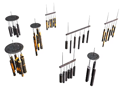 Various Decorative Hanging Wind Chimes With Black Yellow Tubes And Metal Rods 3d model