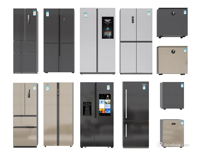 Various Modern Refrigerators and Freezers with Different Styles and Stainless Steel Finishes 3d model 
