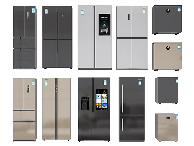 Various Modern Refrigerators and Freezers with Different Styles and Stainless Steel Finishes 3d model