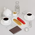 Delicious Raspberry Eclair And Striped Pastry With Coffee And Sugar Cubes On Table