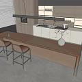 Modern Bar Counter With Sleek Surface And Chairs With Brown Seats Near Kitchen Cabinets