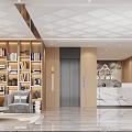 Hotel Lobby Interior Featuring Geometric Ceiling Wall of Bookshelves Green Sofa and Gray Armchairs