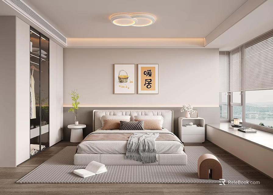 Modern Bedroom Interior Design With Comfortable Bed Nightstand Decorative Paintings And Large Window 3d model 