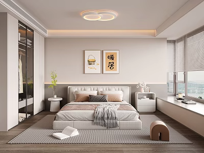 Modern Bedroom Interior Design With Comfortable Bed Nightstand Decorative Paintings And Large Window 3d model