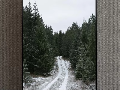 Snowy Winter Forest Landscape Painting With Pine Trees And Trail 3d model