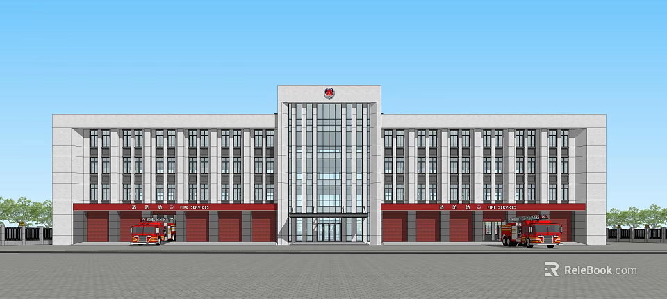 Modern Fire Station Building With Red Garage Doors Fire Trucks And Front Plaza 3d model 
