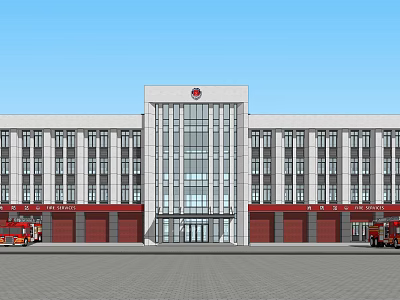 Modern Fire Station Building With Red Garage Doors Fire Trucks And Front Plaza 3d model