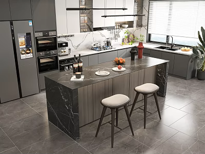 Modern Kitchen Interior Design With Marble Island Counter Stools Appliances And Dark Cabinets 3d model