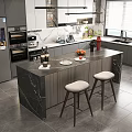 Modern Kitchen Interior Design With Marble Island Counter Stools Appliances And Dark Cabinets