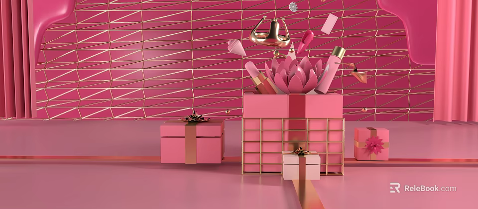Pink Gift Boxes Featuring Gold Grid Design And Cosmetics With Lotus Accent 3d model