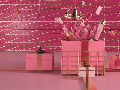 Pink Gift Boxes Featuring Gold Grid Design And Cosmetics With Lotus Accent 3d model