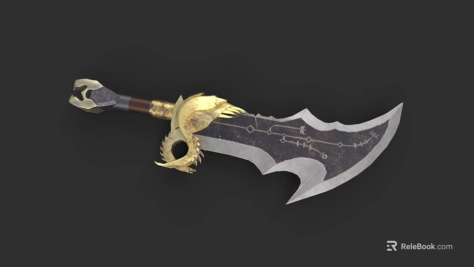 Fantasy Style Ancient Weapon With Golden Dragon Head Handle And Intricate Blade Patterns 3d model 