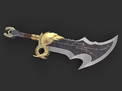Fantasy Style Ancient Weapon With Golden Dragon Head Handle And Intricate Blade Patterns 3d model