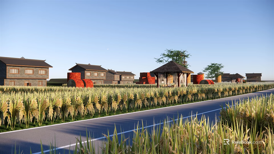 Rural Landscape Featuring Golden Rice Fields Traditional Houses And Pavilion Along Road Under Blue Sky 3d model 