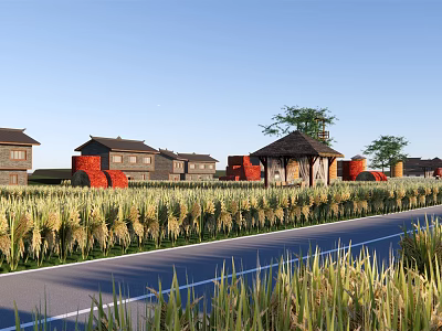 Rural Landscape Featuring Golden Rice Fields Traditional Houses And Pavilion Along Road Under Blue Sky 3d model