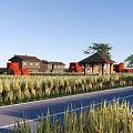 Rural Landscape Featuring Golden Rice Fields Traditional Houses And Pavilion Along Road Under Blue Sky