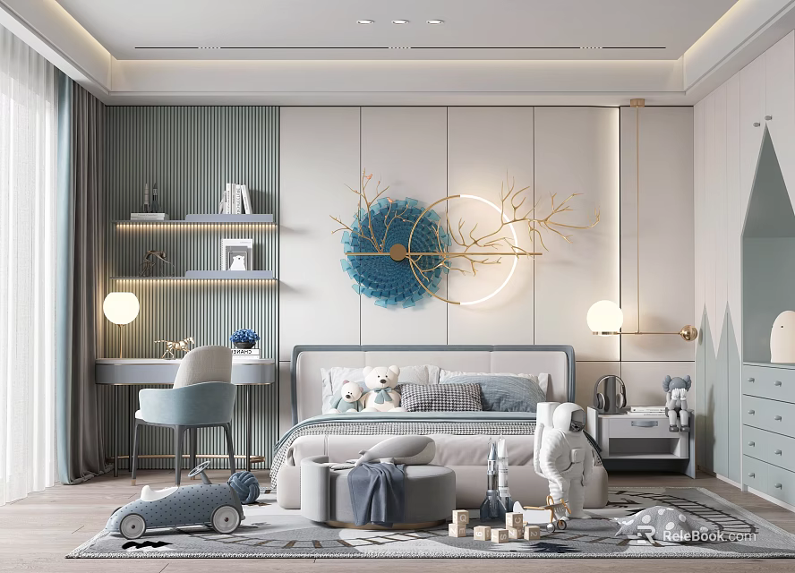 Modern Stylish Kids Bedroom With Bed Desk And Playful Decor 3d model 