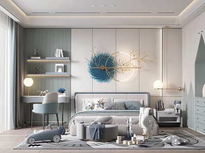 Modern Stylish Kids Bedroom With Bed Desk And Playful Decor 3d model