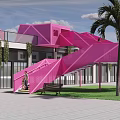 Pink Illuminated Pavilion with Geometric Structure and Spiral Patterns Surrounded by Palm Trees and People