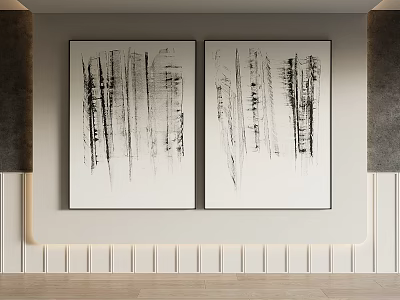 Black And White Abstract Paintings On White Wall With Wainscoting And Wooden Floor 3d model
