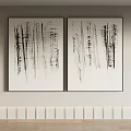 Black And White Abstract Paintings On White Wall With Wainscoting And Wooden Floor
