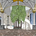 Elegant Hotel Lobby With Golden Ceiling Marble Columns Arched Windows And Patterned Floor 3d model
