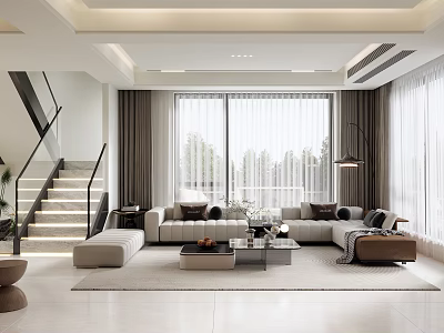 Modern Living Room Interior Design With Large Windows Curtains Sofa Coffee Table And Rug 3d model