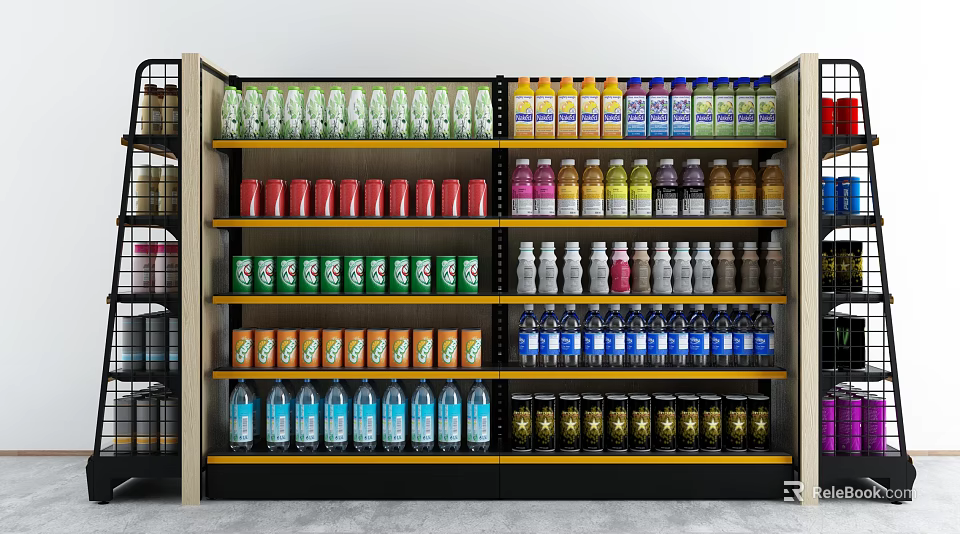 Retail Display Shelves With Colorful Beverage Bottles And Cans Organized In Layers 3d model 