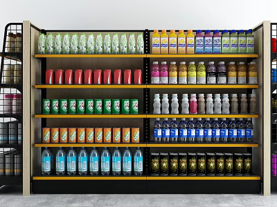 Retail Display Shelves With Colorful Beverage Bottles And Cans Organized In Layers 3d model