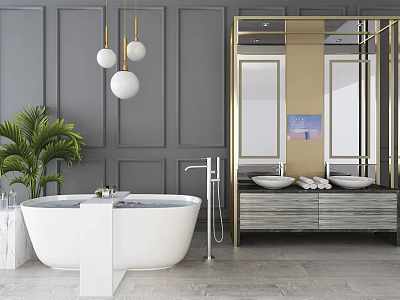 White Bathtub in Modern Bathroom with Gray Wall Gold Mirror Double Sinks and Green Plant 3d model