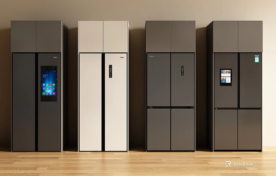 Modern Refrigerators With Smart Display Screens And Gray White Finishes In Showroom 3d model 