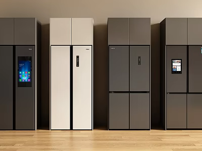 Modern Refrigerators With Smart Display Screens And Gray White Finishes In Showroom 3d model