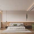 Modern Bedroom Interior With Wooden Headboard Rug Green Chair Desk And Ceiling Lights