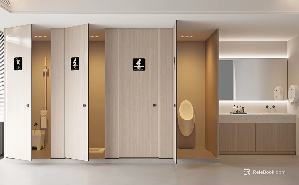 Modern Cozy Public Toilet Interior Design With Clear Partition Stalls And Neat Functional Washing Area 3d model 