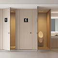Modern Cozy Public Toilet Interior Design With Clear Partition Stalls And Neat Functional Washing Area