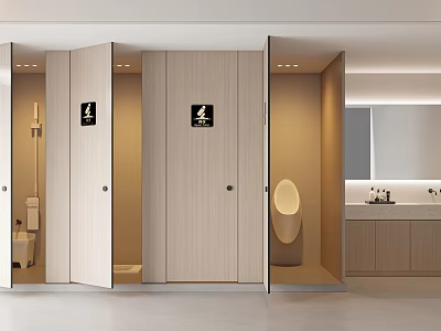 Modern Cozy Public Toilet Interior Design With Clear Partition Stalls And Neat Functional Washing Area 3d model